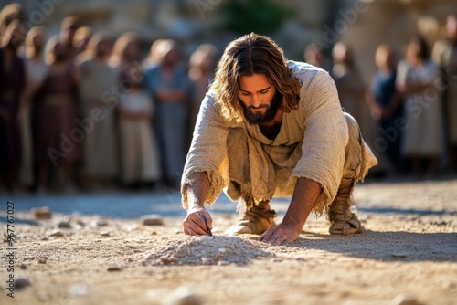 Jesus forgiving the woman caught in adultery, writing in the sand while the crowd slowly disperses, her sins forgiven