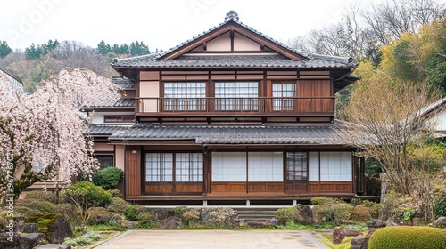 Traditional Japanese house with a wooden balcony and a garden with a stone path.