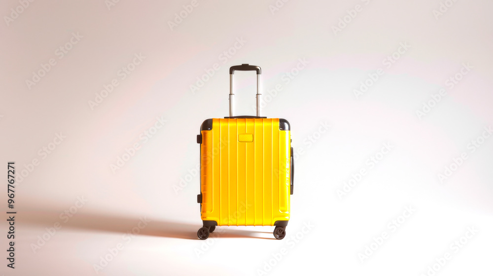 A vibrant yellow suitcase with a retractable handle and wheels is positioned upright, symbolizing readiness for a journey. Its sleek design offers practicality and style for any traveler A vibrant yellow suitcase with a retractable handle and wheels is positioned upright, symbolizing readiness for a journey. Its sleek design offers practicality and style for any traveler