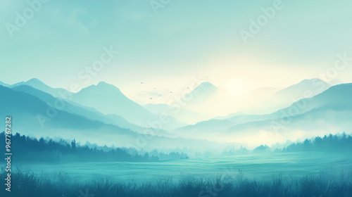 Panoramic view of a foggy green meadow with mountains in the background, a blue sky, the sunny morning light generative ai. Foggy Morning. Illustration