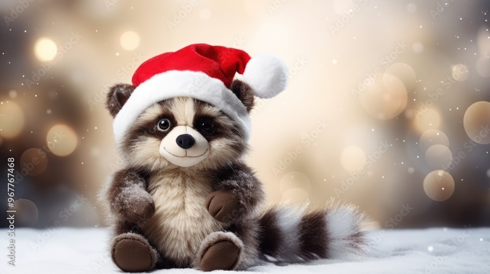Cute raccoon toy with Santa Claus hat on Christmas background. Cute raccoon toy with Santa Claus hat on Christmas background.