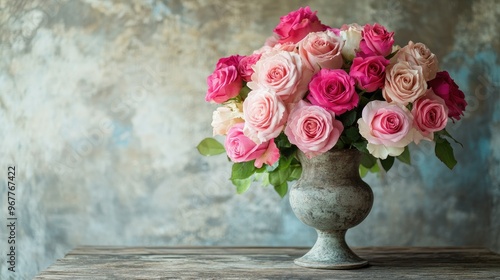 A bouquet of roses in various shades of pink, beautifully arranged in a vintage vase, placed on a rustic wooden table.