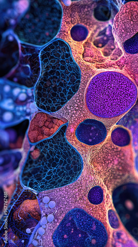 Microscopic view of pancreatic acinar cells showcasing intricate cellular structures and vibrant colors. This image highlights complexity and beauty of biological tissues photo