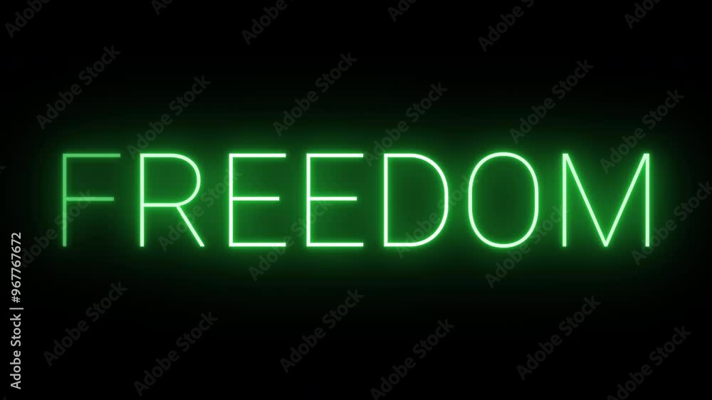 Flickering neon green glowing freedom text animated on black background Flickering neon green glowing freedom text animated on black background