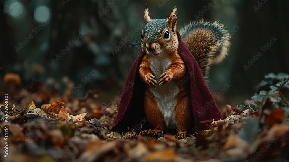A whimsical squirrel dressed in a cloak stands amid autumn leaves, embodying a playful fantasy in a forest setting. A whimsical squirrel dressed in a cloak stands amid autumn leaves, embodying a playful fantasy in a forest setting.