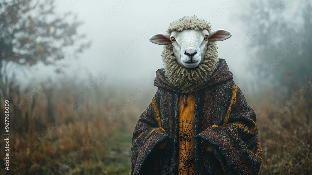 Obraz premium A whimsical sheep wearing a cloak stands in a foggy landscape, creating a mystical and enchanting atmosphere in nature.