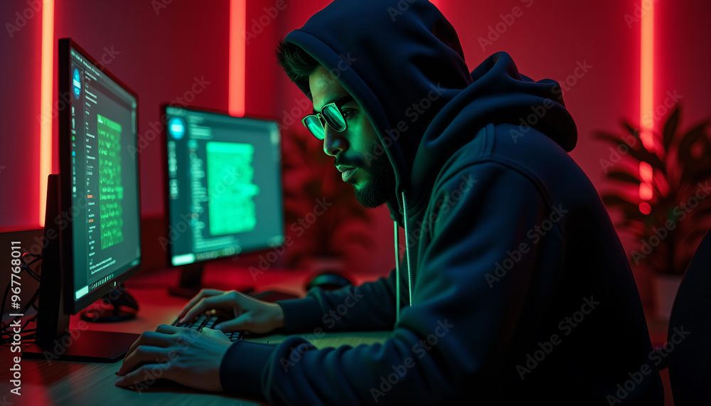 Focused Programmer in Dark Room with Neon Lighting Focused Programmer in Dark Room with Neon Lighting