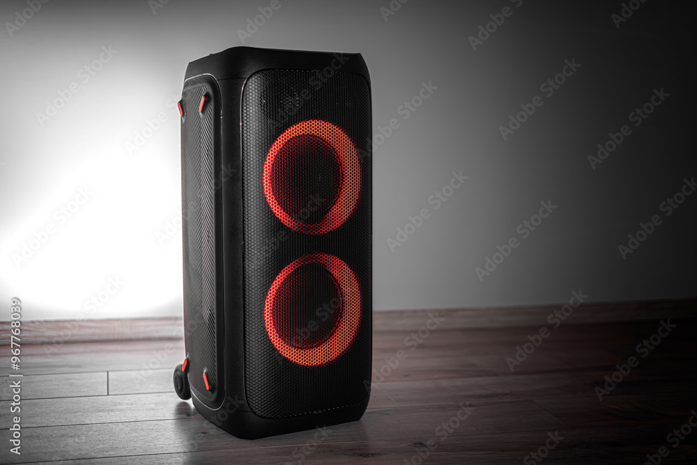 Large wireless speaker in home interior.