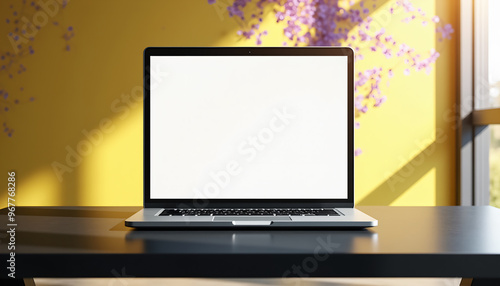 Bright Workspace with Laptop on Wooden Desk and Purple Wall