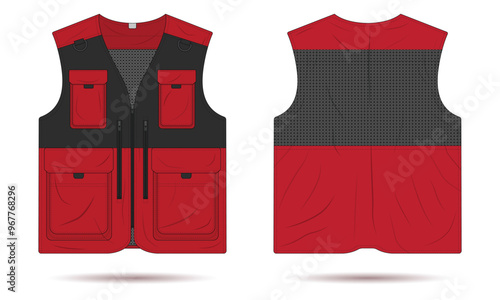 Red and black outdoor vest mockup front and back view