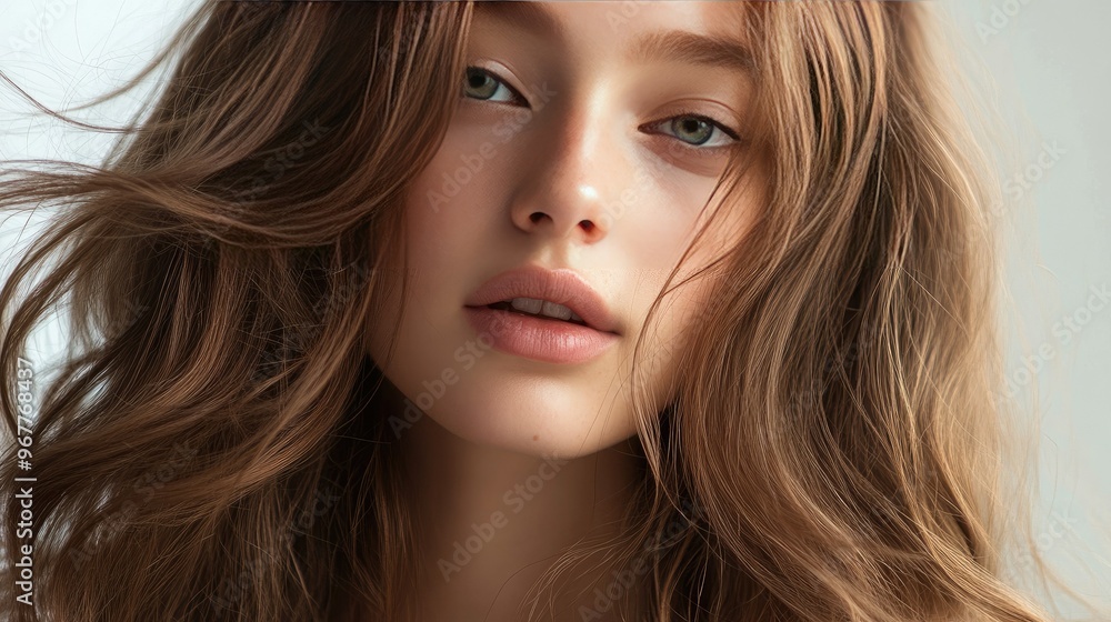 A close-up of a beauty girl with long, shiny hair styled in soft, beachy waves, capturing the natural texture and effortless style. A close-up of a beauty girl with long, shiny hair styled in soft, beachy waves, capturing the natural texture and effortless style.