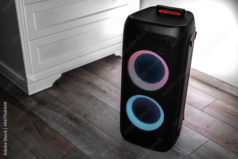 Large wireless speaker in home interior.