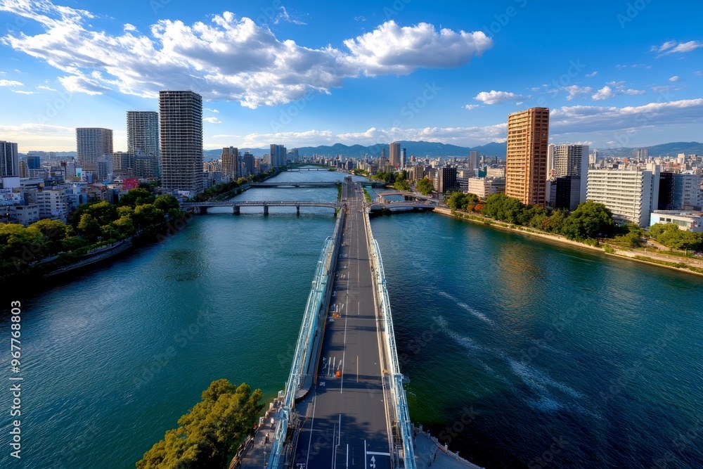 Osaka’s iconic bridges, crossing rivers and canals, with views of the city stretching out on both sides Osaka’s iconic bridges, crossing rivers and canals, with views of the city stretching out on both sides