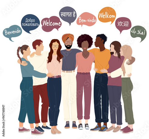 A group of multicultural people embracing from different continents with speech bubbles containing the text -Welcome- in various international languages.Communication.Community.Diversity