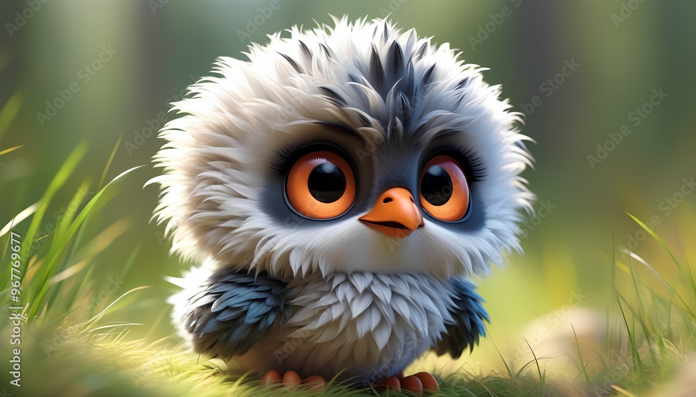A cute, fluffy bird with large, expressive eyes and a small orange beak is standing in a grassy field. Its feathers are a mix of white and gray, creating a soft and cuddly appearance. A cute, fluffy bird with large, expressive eyes and a small orange beak is standing in a grassy field. Its feathers are a mix of white and gray, creating a soft and cuddly appearance.