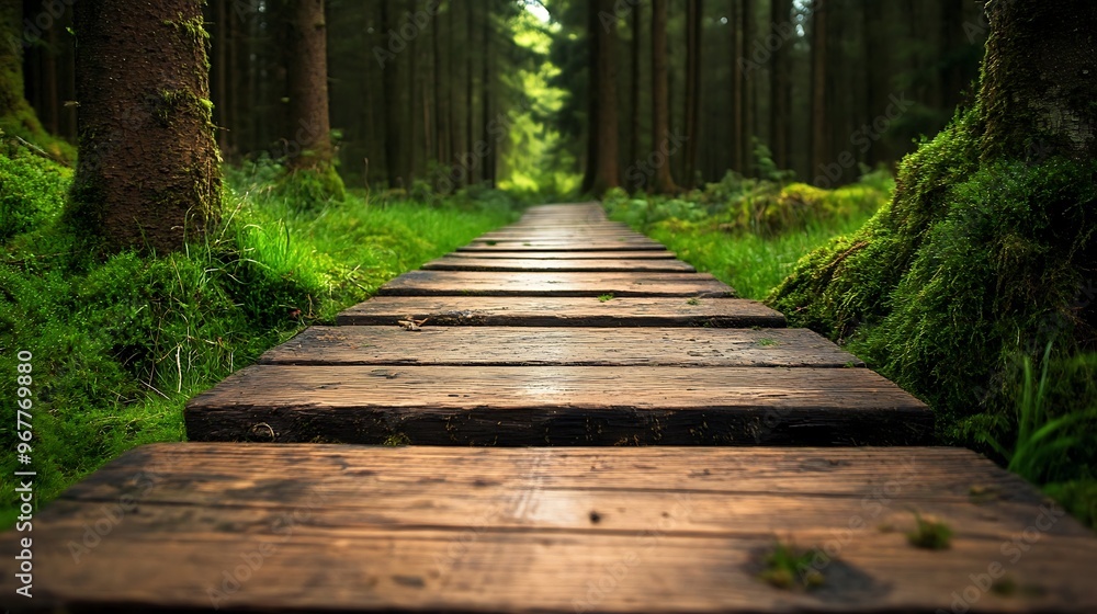 Wooden Path Through Lush Forest Wooden Path Through Lush Forest