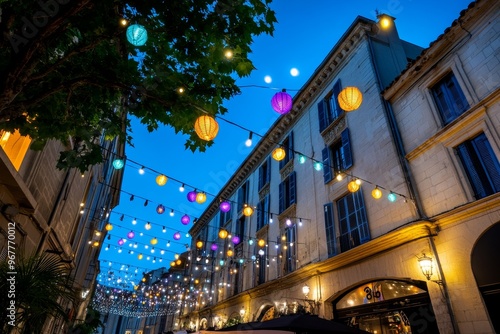 The festival lights twinkling in the streets of Avignon, decorating the old town during a summer evening celebration photo