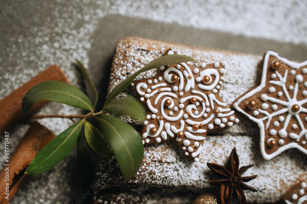 hand-decorated christmas cookies on a wooden background