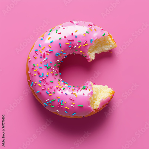 Pink frosted donut with colorful sprinkles with missing bite in solid pink background, Aerial top view. bitten donut with pink glaze and colorful sprinkles isolated on pink background. top view
