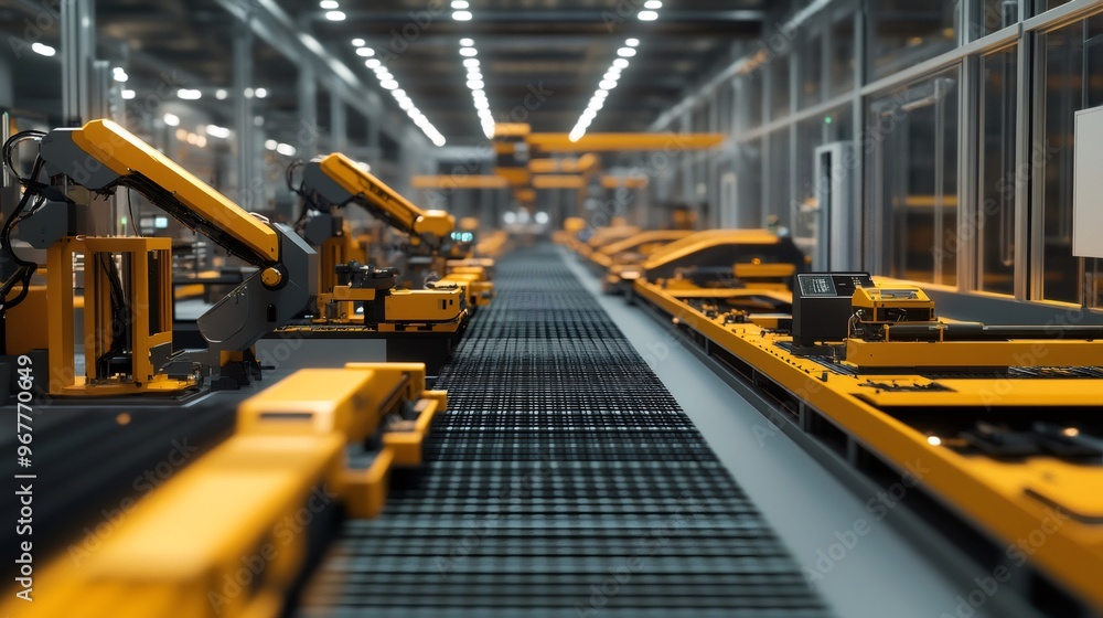 Modern factory production line with yellow robotic arms. Modern factory production line with yellow robotic arms.