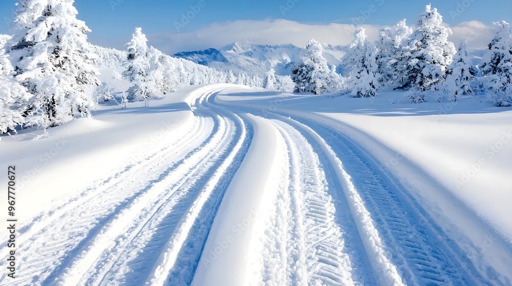 Obraz premium Snow Covered Mountain Road with Tire Tracks.