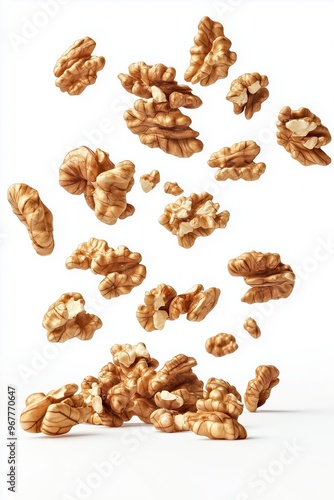 Walnuts falling and piling up on white background