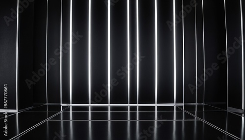 Fototapeta Naklejka Na Ścianę i Meble -  3d render empty black and white room corridor perspective background with shiny reflection lights 81