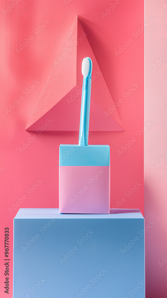 A modern toothbrush holder with toothbrush stands against vibrant geometric background of pink and blue hues, creating playful and stylish bathroom aesthetic A modern toothbrush holder with toothbrush stands against vibrant geometric background of pink and blue hues, creating playful and stylish bathroom aesthetic