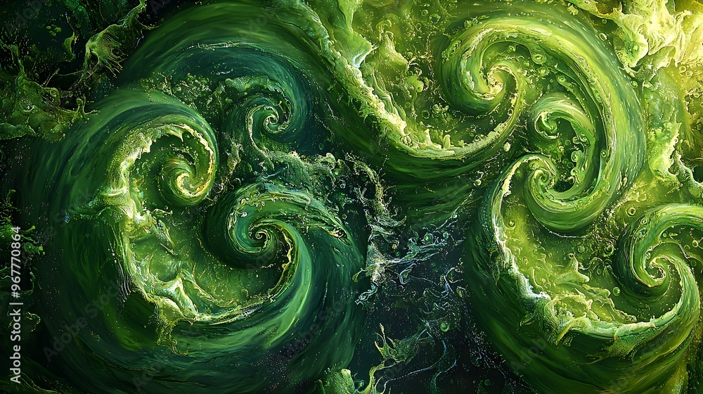 Obraz premium Depiction of Algae Producing Clean Renewable Energy with Swirling Green Patterns