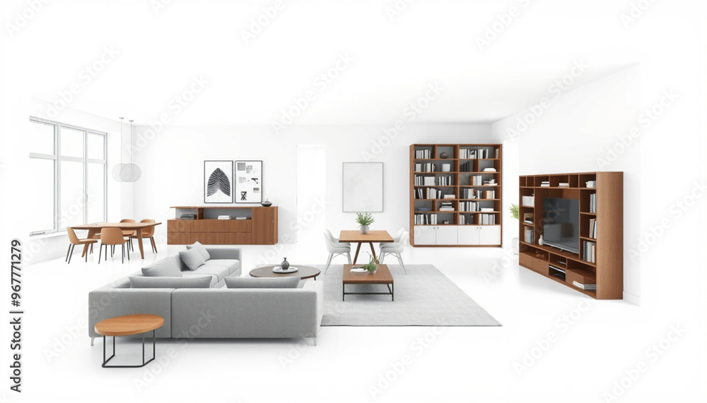 Open-Plan Living Room Design: Sofa, Dining Table, and Bookshelf for a Spacious and Inviting Atmosphere Open-Plan Living Room Design: Sofa, Dining Table, and Bookshelf for a Spacious and Inviting Atmosphere