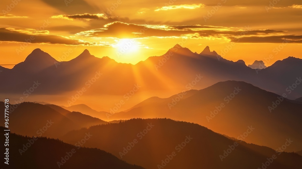 Fototapeta premium Sun setting behind a mountain range, casting golden light across the landscape.
