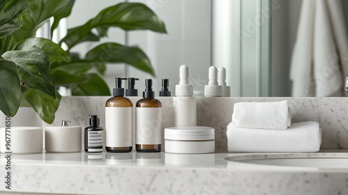 Modern Skincare Essentials on a Marble Countertop