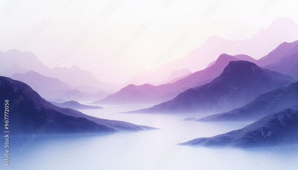 Misty Purple Mountains Overlooking Calm Water at Sunrise Misty Purple Mountains Overlooking Calm Water at Sunrise