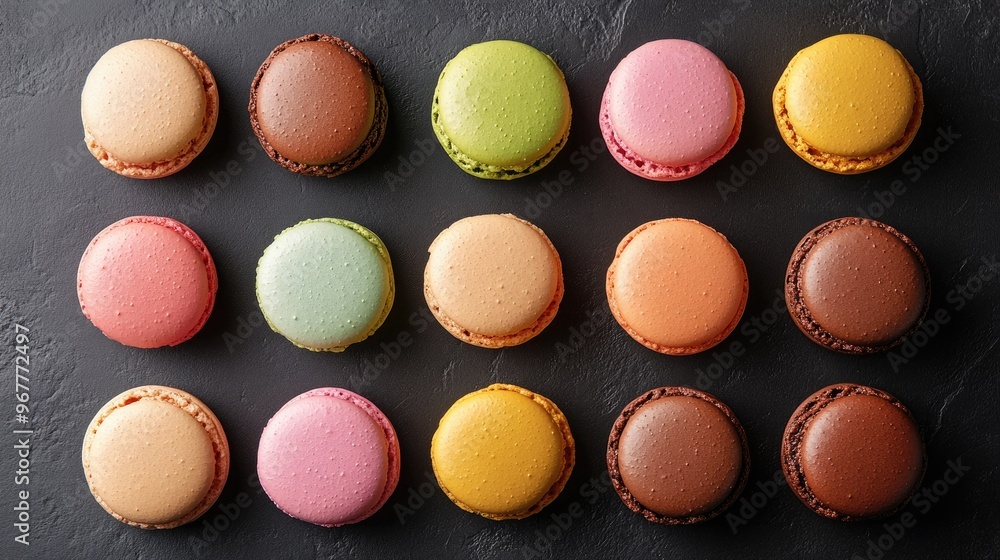 Obraz premium A flat lay of pastel-colored macarons, carefully placed on a dark backdrop, showcasing their smooth, colorful shells.