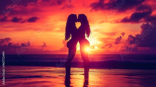 Silhouettes of two women kissing on the beach at sunset photo