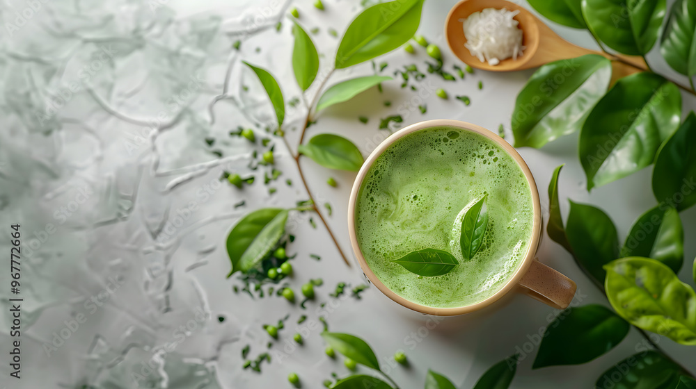 Top view Hot green tea latte with green leaves Top view Hot green tea latte with green leaves
