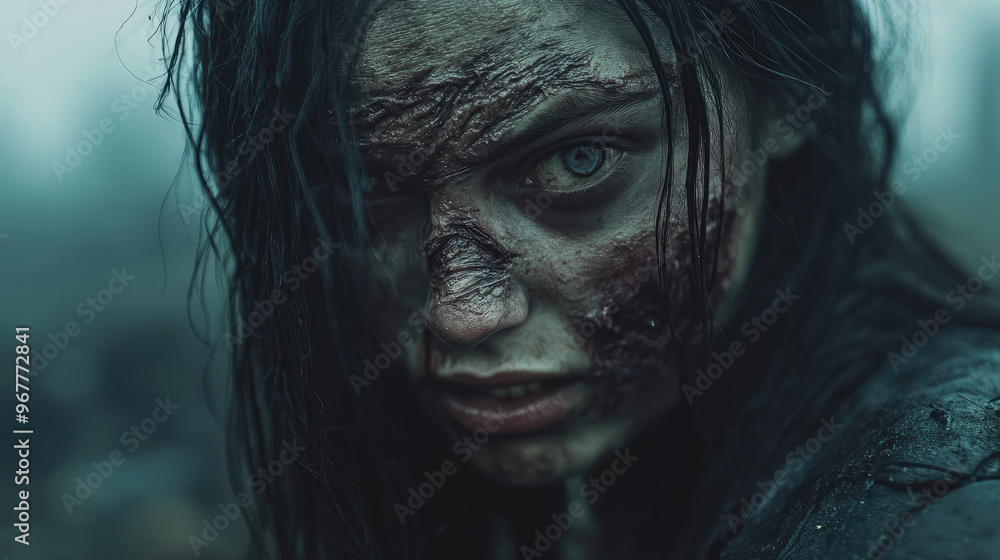 Obraz premium An eerie close-up of a female zombie face with long black hair and hollowed-out eyes. Skin flaking off, revealing muscle underneath, with a foggy graveyard in the background.