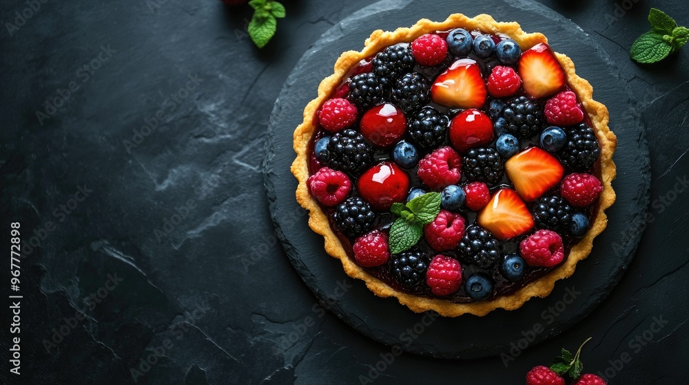 A fresh fruit tart topped with vibrant berries and a shiny glaze, viewed from above on a dark slate background. A fresh fruit tart topped with vibrant berries and a shiny glaze, viewed from above on a dark slate background.