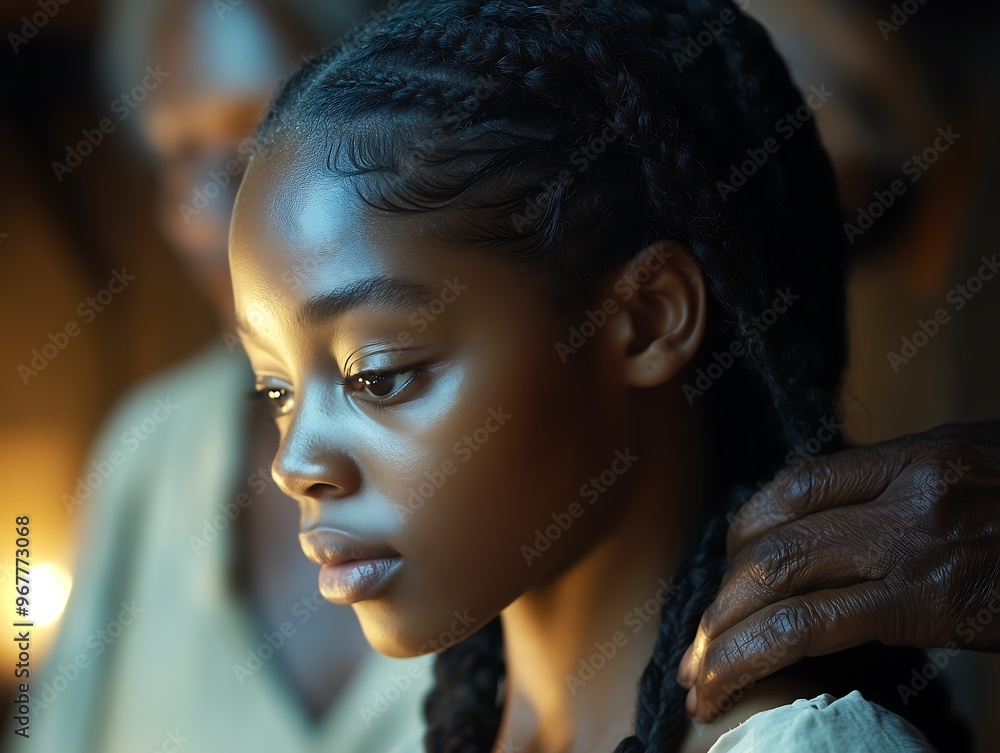 Tender moment between elderly hands and young girl with braids Tender moment between elderly hands and young girl with braids