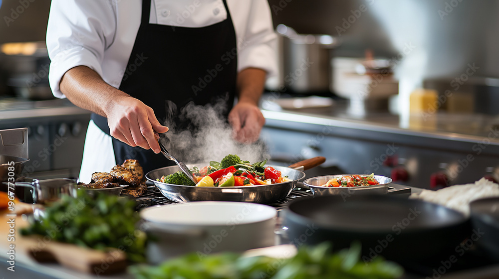 Chef Cooking Fresh Vegetables in a Professional Kitchen Chef Cooking Fresh Vegetables in a Professional Kitchen
