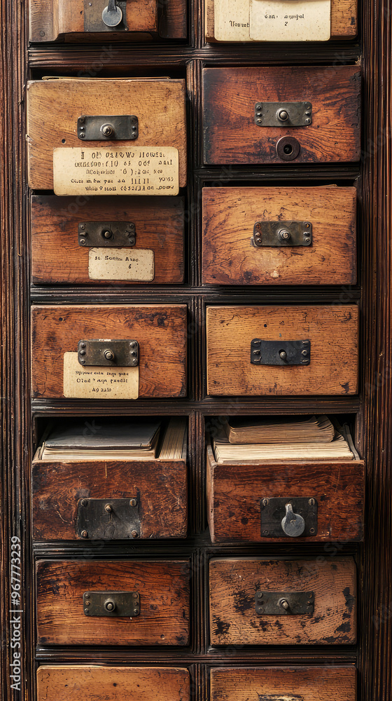 Vintage library card catalog with wooden drawers and cards, showcasing