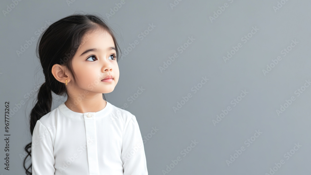 Side view of Malay little girl wearing white dress isolated on gray Side view of Malay little girl wearing white dress isolated on gray