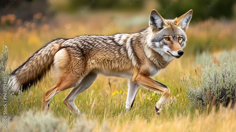 Coyote walking cautiously through tall grass in a natural habitat Coyote walking cautiously through tall grass in a natural habitat
