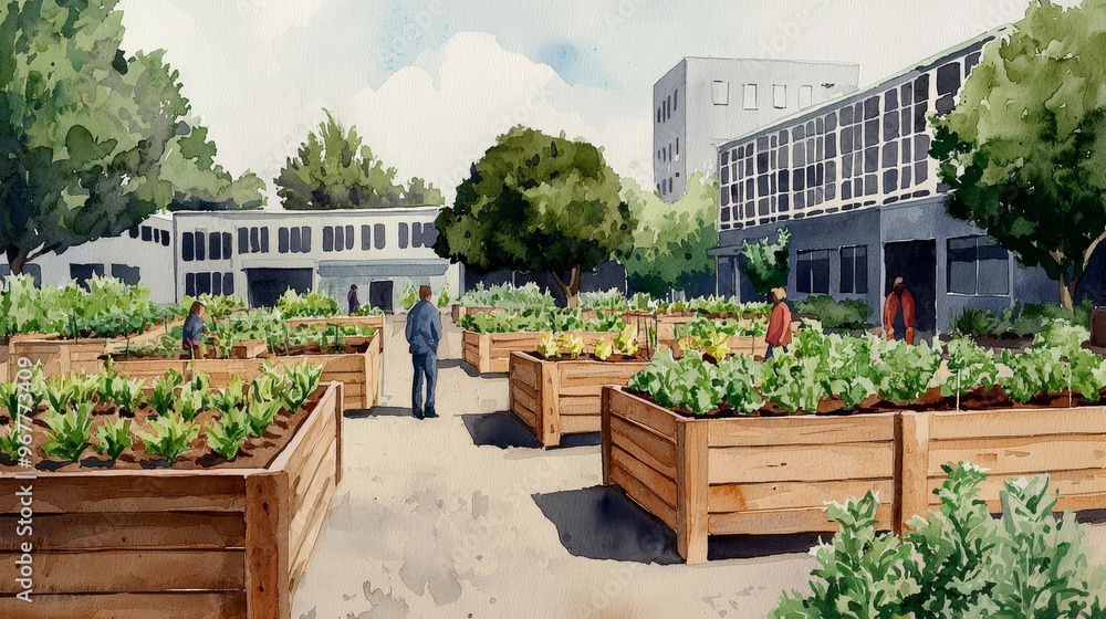 A vibrant community garden with wooden planters, people tending to plants, set against a modern urban backdrop. A vibrant community garden with wooden planters, people tending to plants, set against a modern urban backdrop.
