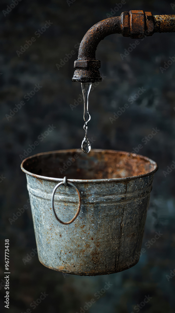 Water dripping from broken faucet into rusty bucket creates melancholic scene, highlighting beauty in decay and passage of time Water dripping from broken faucet into rusty bucket creates melancholic scene, highlighting beauty in decay and passage of time