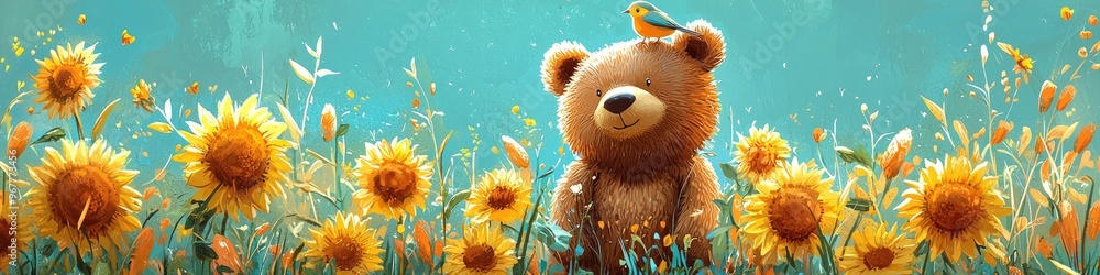 A bear and bird in sunflower field under bright sky A bear and bird in sunflower field under bright sky