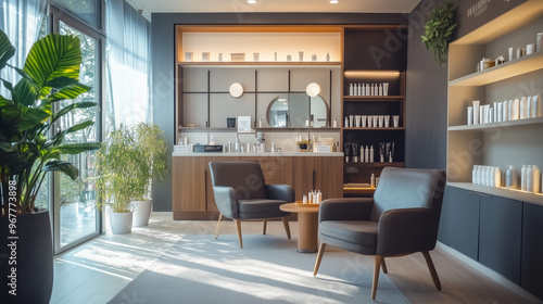 Modern Cosmetology Clinic Interior with Product Display
