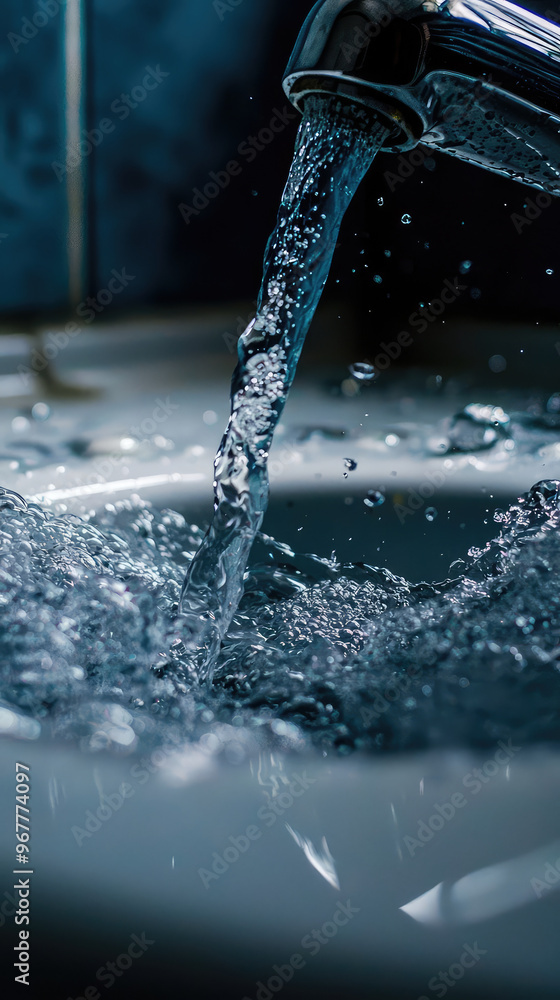 Water is flowing from faucet into sink, creating ripples and bubbles in water. scene captures beauty of flowing water and intricate details of splashes Water is flowing from faucet into sink, creating ripples and bubbles in water. scene captures beauty of flowing water and intricate details of splashes
