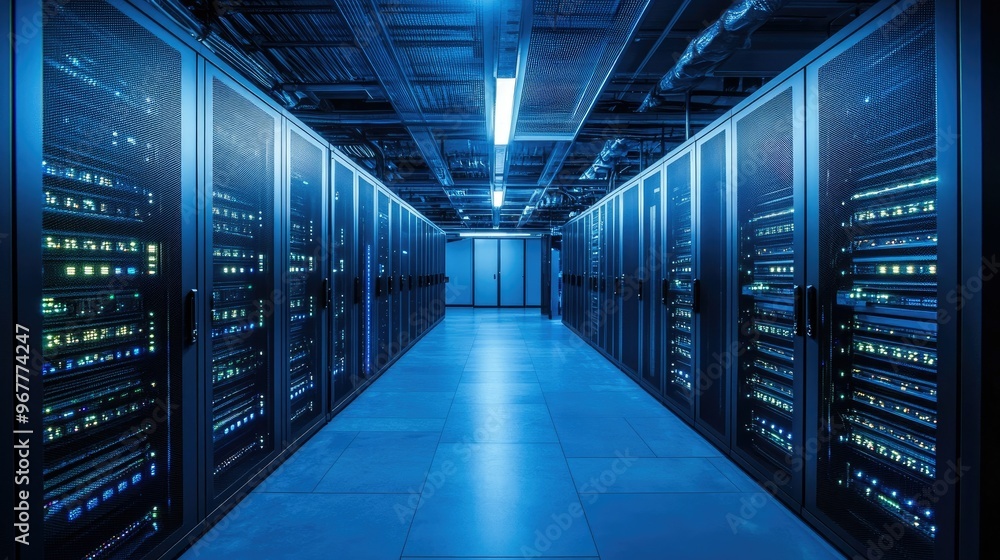A high-tech data center with organized cables and state-of-the-art cooling systems, ensuring seamless operation. A high-tech data center with organized cables and state-of-the-art cooling systems, ensuring seamless operation.