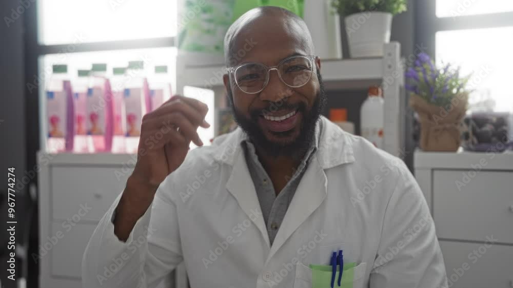 Young man in a pharmacy removes glasses and smiles at the camera, dressed in a white lab coat with pens in the pocket, shelves of products and plants in the background Young man in a pharmacy removes glasses and smiles at the camera, dressed in a white lab coat with pens in the pocket, shelves of products and plants in the background